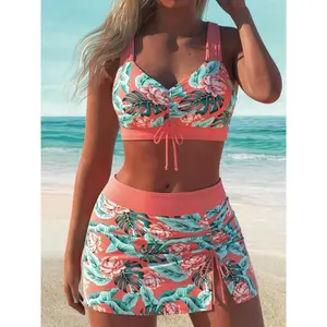 JoLip Women's Plants Print Swimsuit Set, Boho Tie Side Bikini Top & Bikini Bottom & Cover Up Skirt Set, Beach Holiday Vacation Swimwear Set for Women, Bathing Suits, Sea Fancy Swimsuits, Bathing Suit, Bikinis Sets, Flower Print Bikini, Summer Swimsuit Set