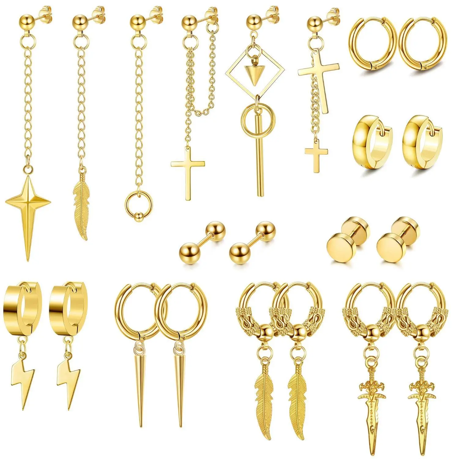 FLORIDECO 21-22Pcs Stainless Steel Men's Earrings Hoop Earring Sets - Hinged Hoops, Long Chain Studs, Cross Dangles, Black Silver Kpop Daily Jewelry Accessories,summerwins