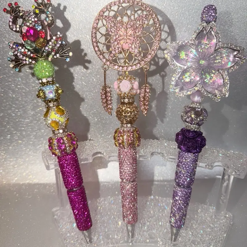 Bling Fancy Long DIY Beaded Pens - Cross, Dragonfly, Flower & Owl Designs with Unique Beadwork and Decorative Accents
