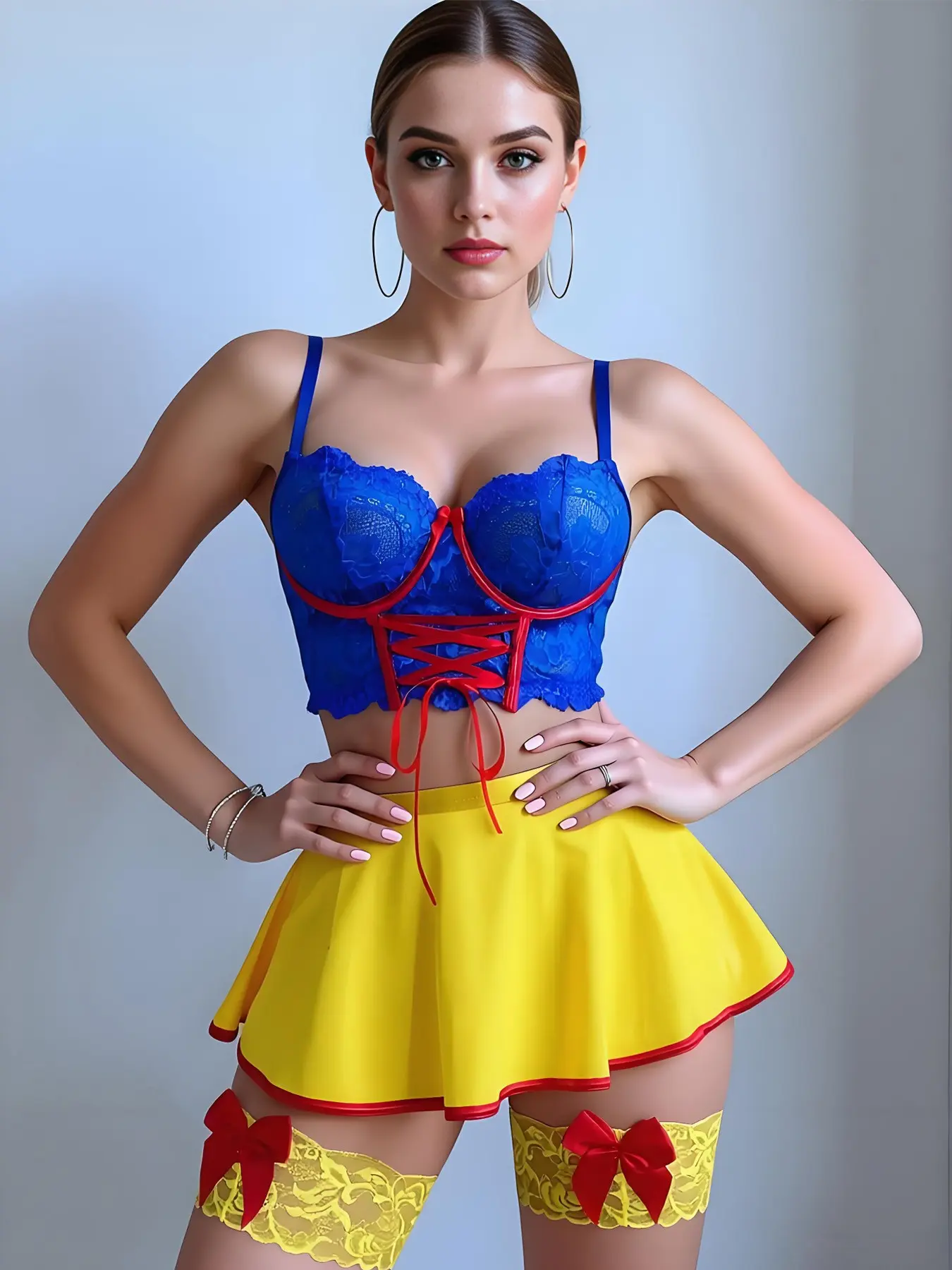 Princess Theme Sexy Fitted Hot Lingerie Set | Blue Lace Bustier + Yellow Mini Skirt + Panty + Bow Garter Straps | Roleplay Sexy Princess Cosplay Outfit | Valentine's Day & Anniversary Gift Underwear Womenswear