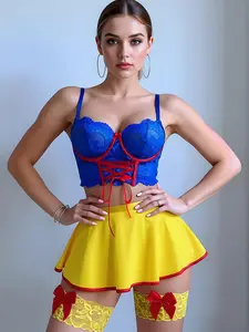 Princess Theme Sexy Lingerie Set | Blue Lace Bustier + Yellow Mini Skirt + Panty + Bow Garter Straps | Roleplay Sexy Princess Cosplay Outfit | Valentine's Day & Anniversary Gift