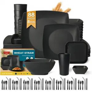 88- With Flatware Plastic Kitchen Wheat Straw Square Dinnerware Set for 8, Unbreakable Dinner/Salad/Appetizer Plates, Snack Bowls, Dipping Sauce Cups,Tumblers, Dishwasher Safe Dish,Black