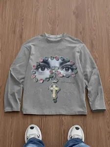 Men's Slim Fit Long Sleeve Graphic T-Shirt, Single-Sided Print, Gemstone Cross Art Text, Style, All Seasons, Casual Streetwear, Menswear, Fashion