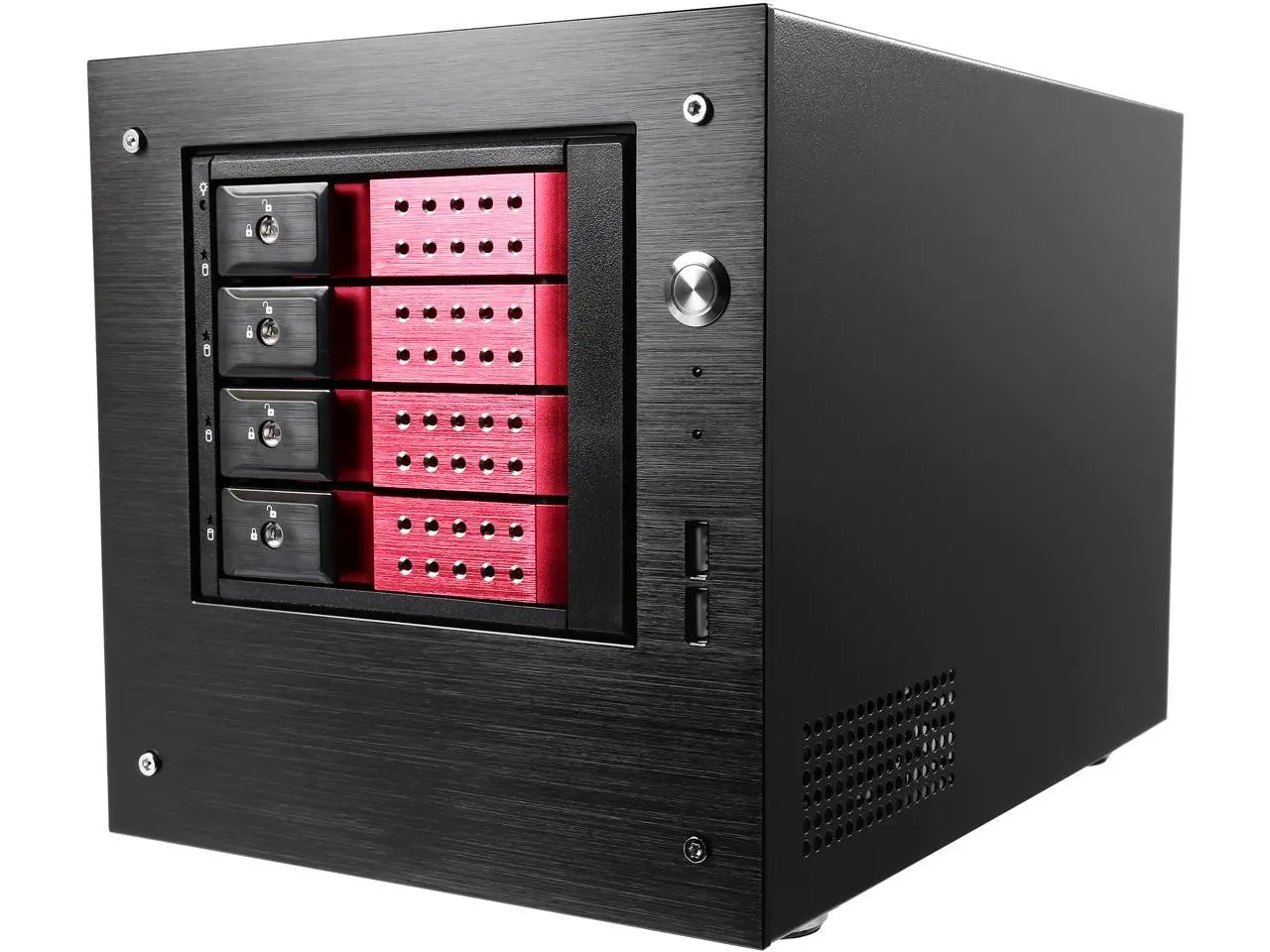 iStarUSA S-35-DE4RD Black Aluminum / Steel Tower Compact Stylish 4 x 3.5" Hotswap Trayless mini-ITX Tower - Red HDD Handle