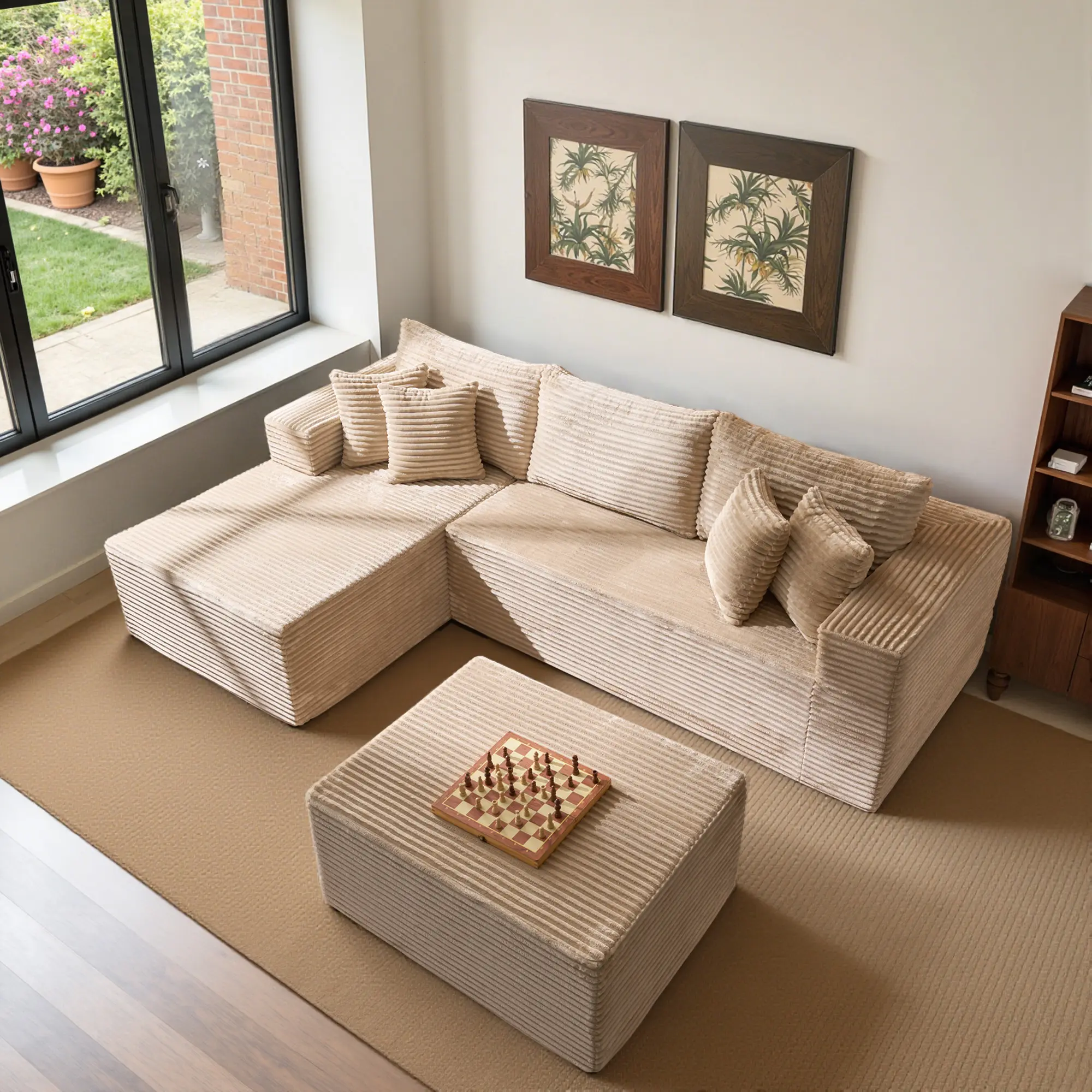 Biege | L-Shaped Left Chaise with Ottoman