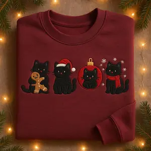 Christmas Black Cats Embroidered T-shirt Sweatshirt Hoodie, Cute Holiday Cat Lover Sweater, Festive Kitty Crewneck, Funny Xmas Gift, Cozy Winter Pet Shirt