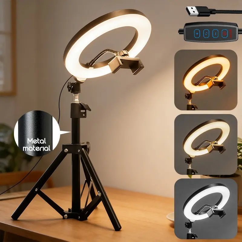 Adjustable LED Ring Light With Phone Holder for Phone, Stage Live Lighting, Selfie Stick, Selfie Accessories, Video Shooting Stand, USB Powered, Includes Tripod and Phone Holder, Vlogging Kit