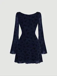 Women's Floral Print Lettuce Trim Dress, Elegant Long Sleeve Backless Dress for Party Holiday Wedding Guest, Ladies Clothes for All Seasons Valentine's Day, gift, Elegant Dresses, Wedding Guest Gown