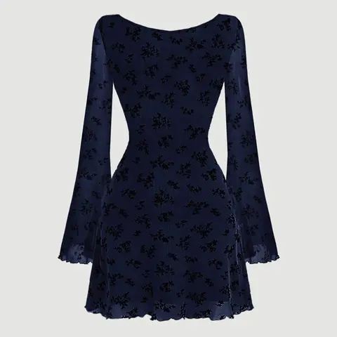 Women's Floral Print Lettuce Trim Dress, Elegant Long Sleeve Backless Dress for Party Holiday Wedding Guest, Ladies Clothes for All Seasons Valentine's Day, gift, Elegant Dresses, Wedding Guest Gown, Elegant Classy Flattering