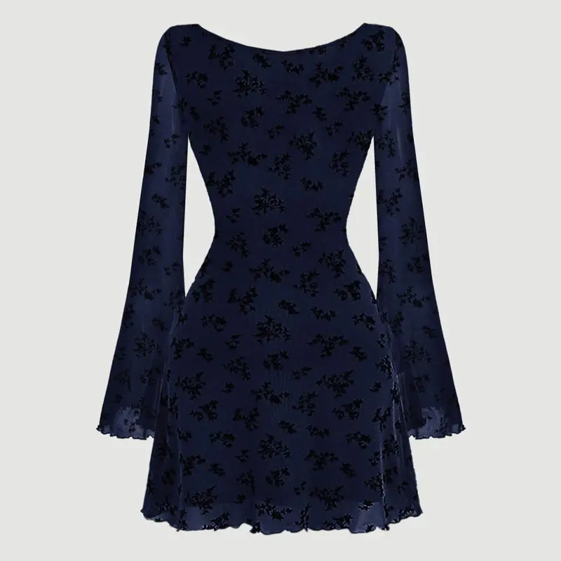 Women's Floral Print Lettuce Trim Dress, Elegant Long Sleeve Backless Dress for Party Holiday Wedding Guest, Ladies Clothes for All Seasons Valentine's Day, gift, Elegant Dresses, Wedding Guest Gown, Elegant Classy Flattering