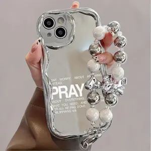 Simple English pattern equipped with pearl bracelet lanyard fashionable design Men's and Women's protective hard phone case suitable for iPhone 17 Pro Max 16 15 14 13 12