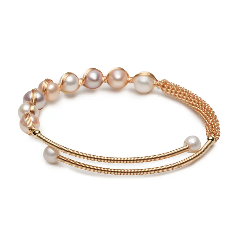 Wire Wrapped Natural Pearl Cuff Bangle for Women, Gold Memory Wire Open Wrap Bracelet, Elegant Jewelry Gift for Her