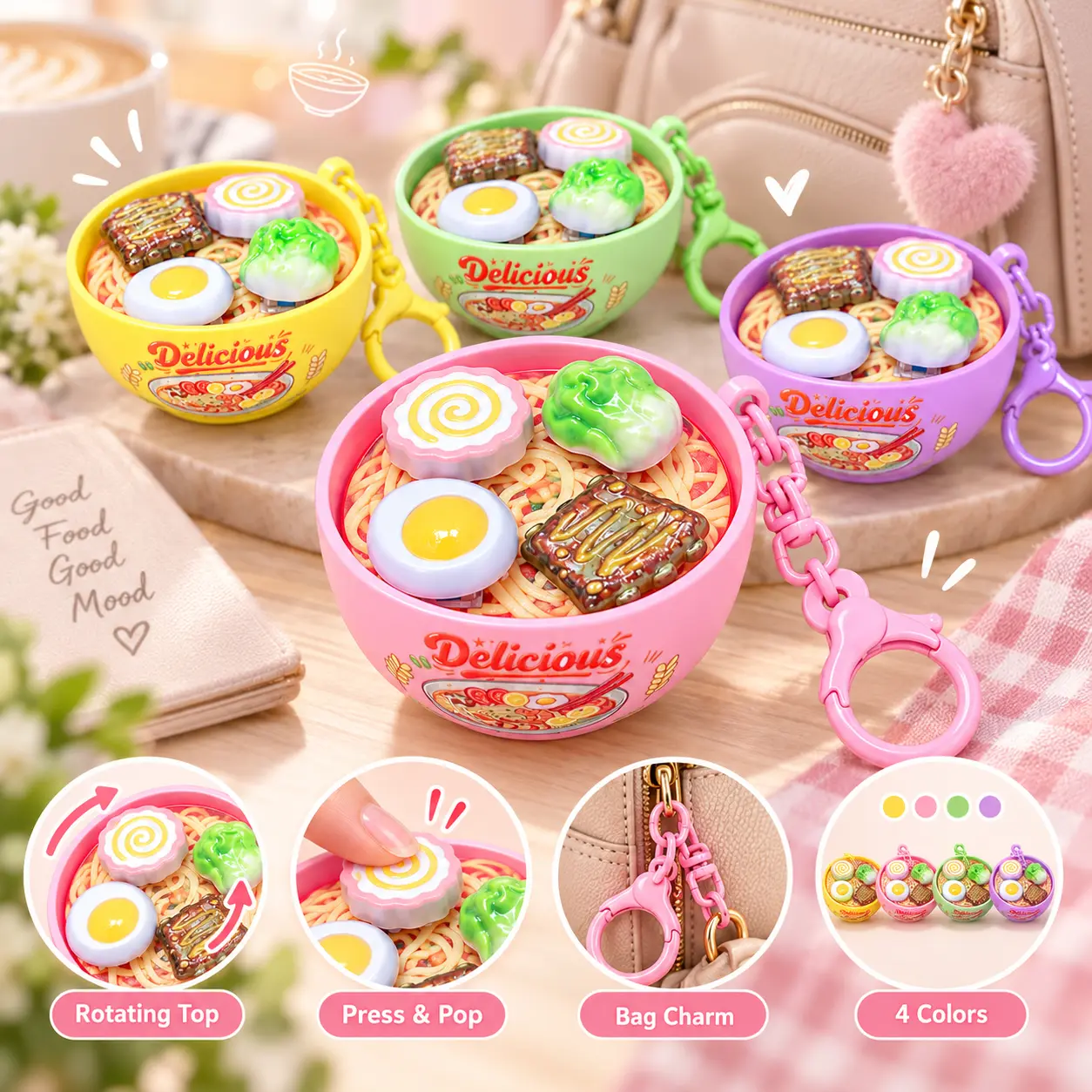 Cute Ramen Noodle Bowl Fidget Toy Keychain, Pressable Spinning Bag Charm, Novelty Mini Indoor Recreation Gift for Leisure Play