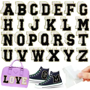 52PCS Self Letter Patches Black & White Mixed with Gold Trim Preppy Varsity Alphabet 2.2'' Large Embroidered Appliques for Jackets Backpacks Trucker Hats