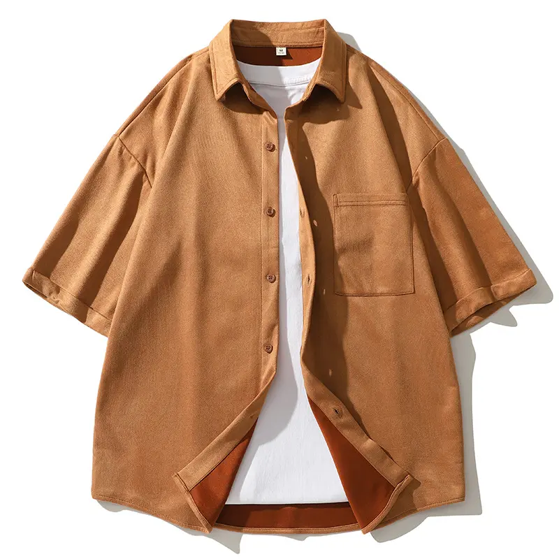 Men's Classic Solid Brown Short-Sleeve Overshirt - Baggy, Loose-Fitting, Turn-Down Collar, Full Button-Front, Rolled Cuff Sleeve, Single Chest Pocket, Unlined Retro Casual Layer Top for Daily Outdoor Summer Fashion#SummerWins, Daily Wear, Polyester Blend