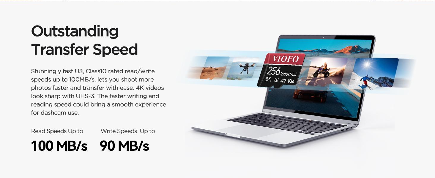 VIOFO 256GB Industrial Grade microSD Card, U3 A2 V30 High Speed Memory Card with Adapter, Support Ultra HD 4K Video Recording