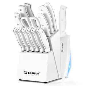 15 Pieces Carbon Steel Kitchen Knife Block Set, White Color, Built-in Knife Sharpener, Ergonomic Triple Rivet Fixed Handle, Dishwasher Safe, Christmas gift,TikTokShopBlackFriday