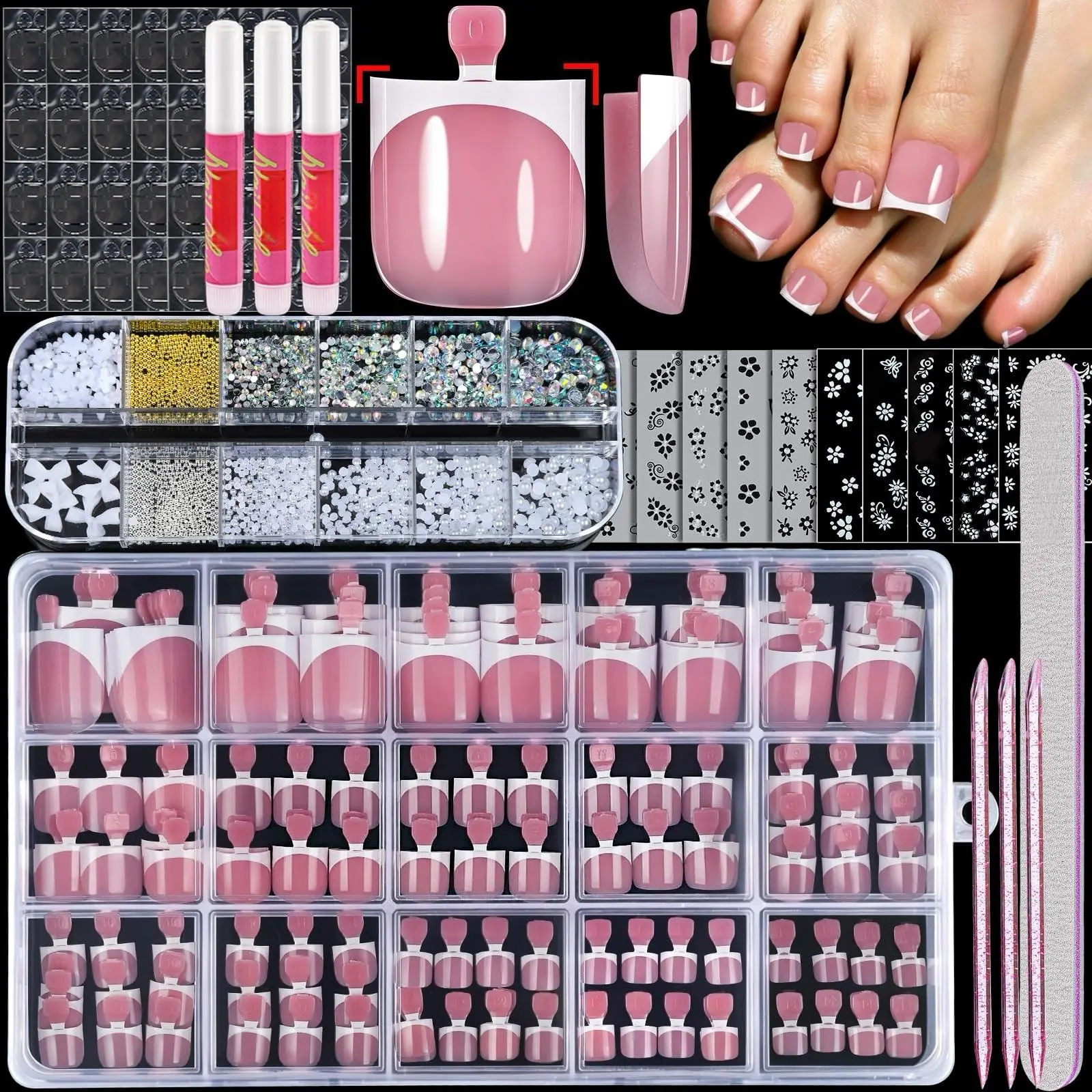 CHOIN Press On Toe Nails Set - 150pcs Pre-Shaped Square Soft Gel Thick Acrylic Nails, Berry Pink Full Cover Long-Lasting Stick & Build Extensions, 15 Multi-Size Glossy French Tips for DIY Pedicure, Valentine's Day Gift, Press On Nails