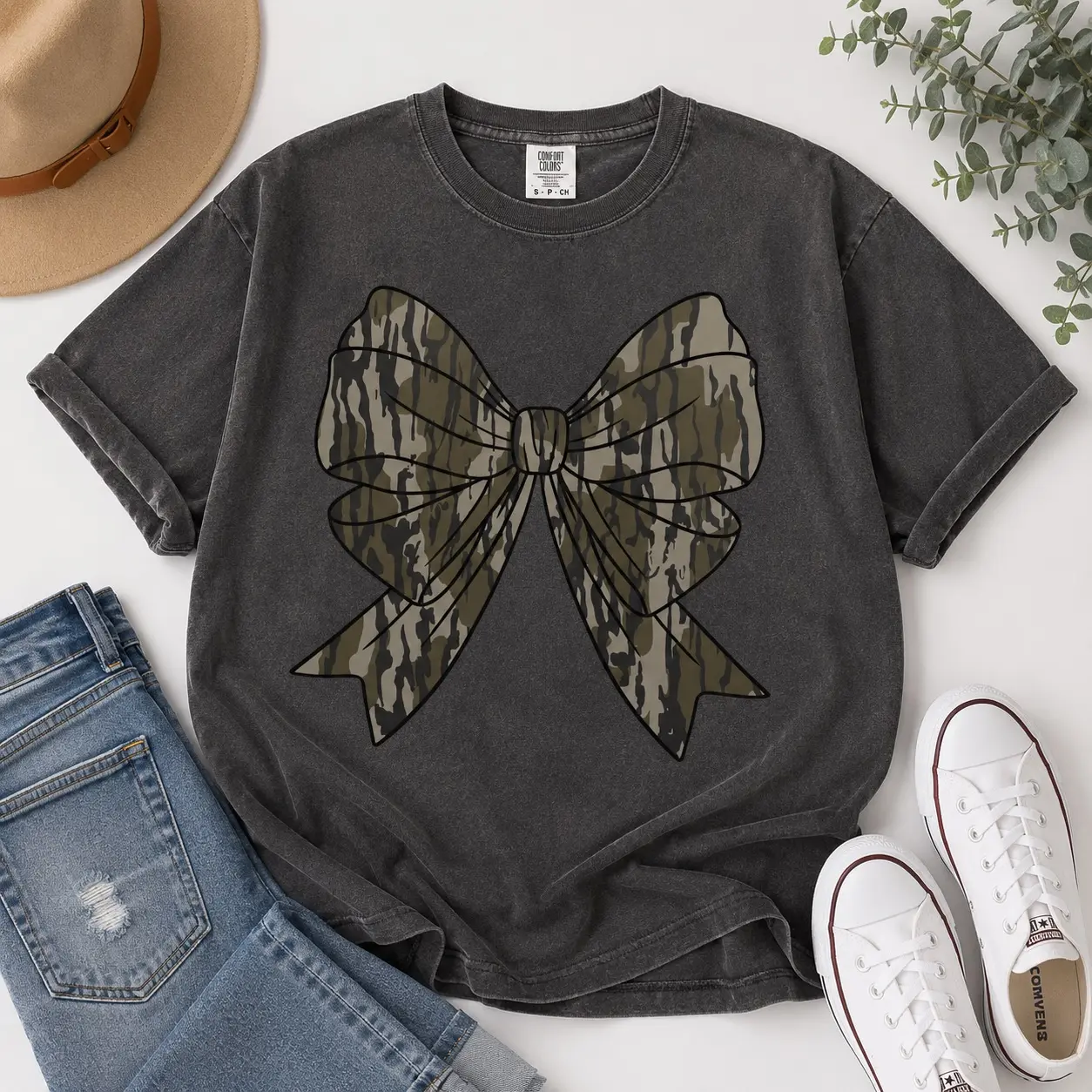 Camo Coquette Bow Duck Hunting T-shirt, Old School Camo Girls Camo Shirt, Unisex Graphic Cotton  T-Shirt Full Size Full Color for Men for Women Comfort Top