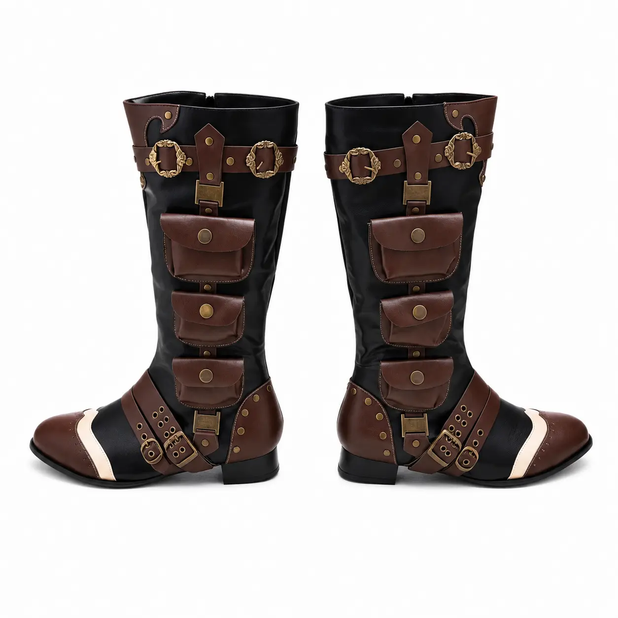 Zotixvox Men's Synthetic Plain Casual Retro Mid-Calf Boots - Closed Round Toe, Decor Accents, Renaissance, Cuban Costume Footwear (Above the Ankle but Below the Knee, Black), Pu Leather Boy Walking Shoes