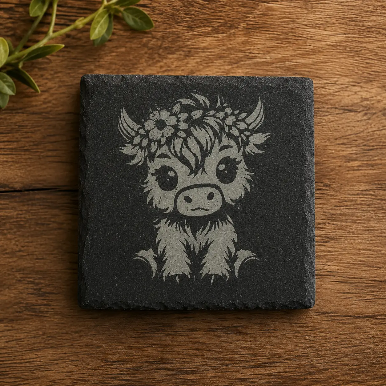 Hand-Etched Country Rustic Floral Cow Natural Slate Coaster Set - 4-Piece Kitchenware Drinkware Accessory with Unique Texture, Ideal for Tea/Coffee Drinks, Coffee Tables, Mother's Day Gifts