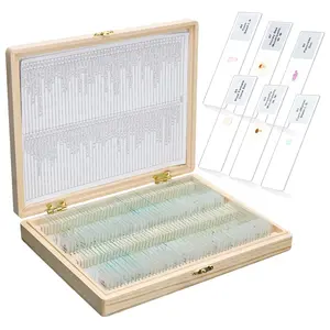 100PCS Microscope Slides with Specimens Prepared Slides Set with Wooden Box Dim.75mmx25mm, Ground Edges, 45° Safety Corners for Kids and Adults