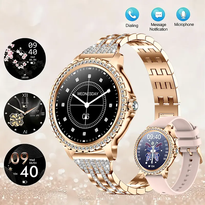 Diamond Women’s Smart Watch IP68 Rose Gold, 1.32” HD Full Touchscreen Smart Watch for Women, Diamond Dial and Strap, Bluetooth Call Answer/Reject, Sleep Monitor, Step Tracker, 100+ Sports Modes, Extra Band