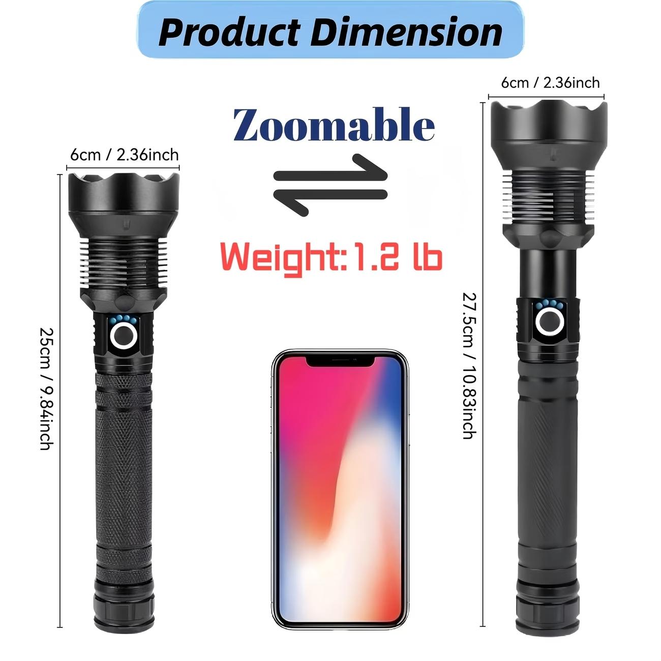 Rechargeable flashlight, high-brightness LED light, 5 modes, handheld design, battery life of more than 10 hours, aluminum alloy material, adjustable focus, suitable for camping, hiking, fishing, maintenance, night walking and emergency situations