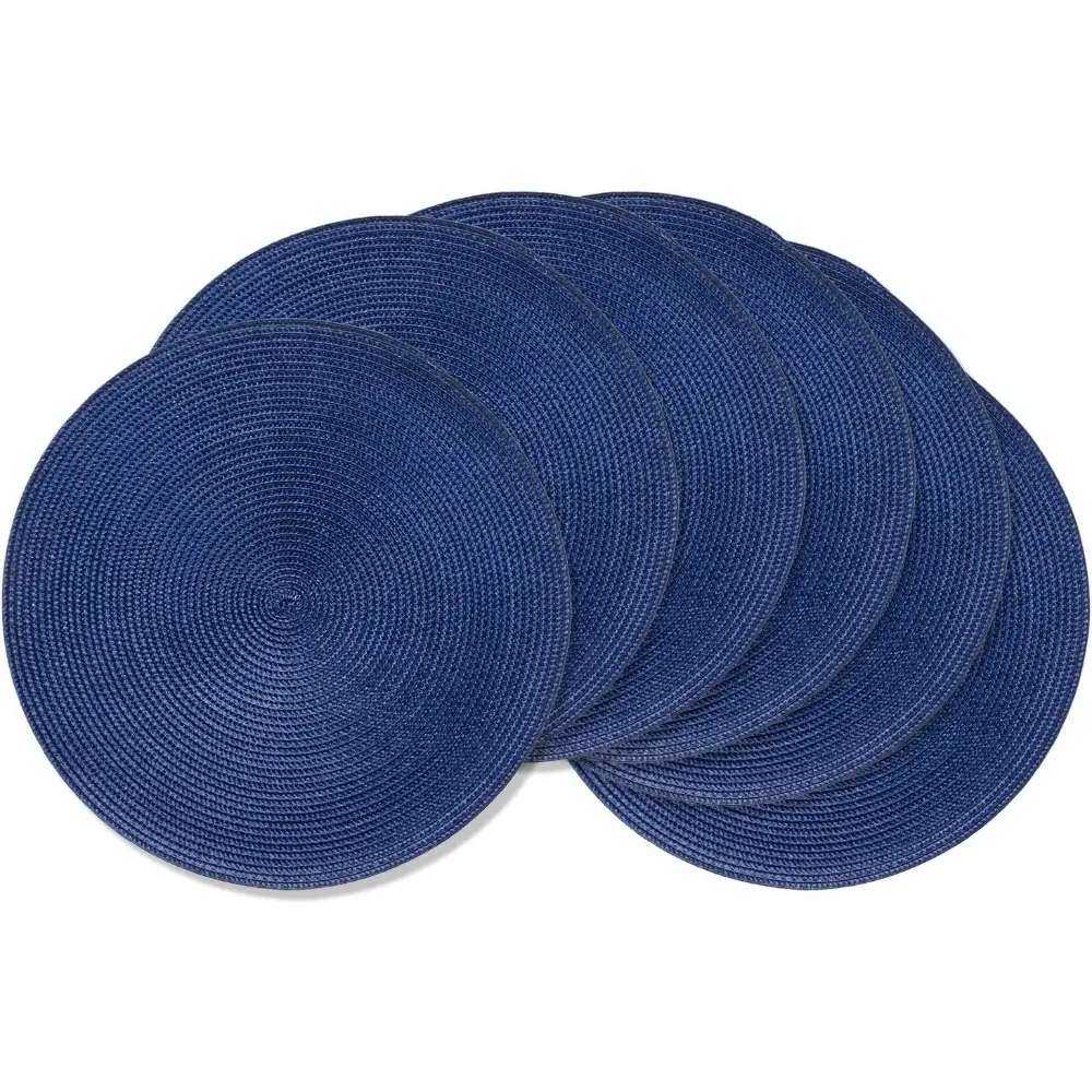 Handmade Craft Round Braid Round Woven Placemats & Coasters Set of 6, 15" Diameter Navy Blue Natural Woven Kitchen Table Mats, Heat-Resistant, Washable, Table Protection for Indoor Dining