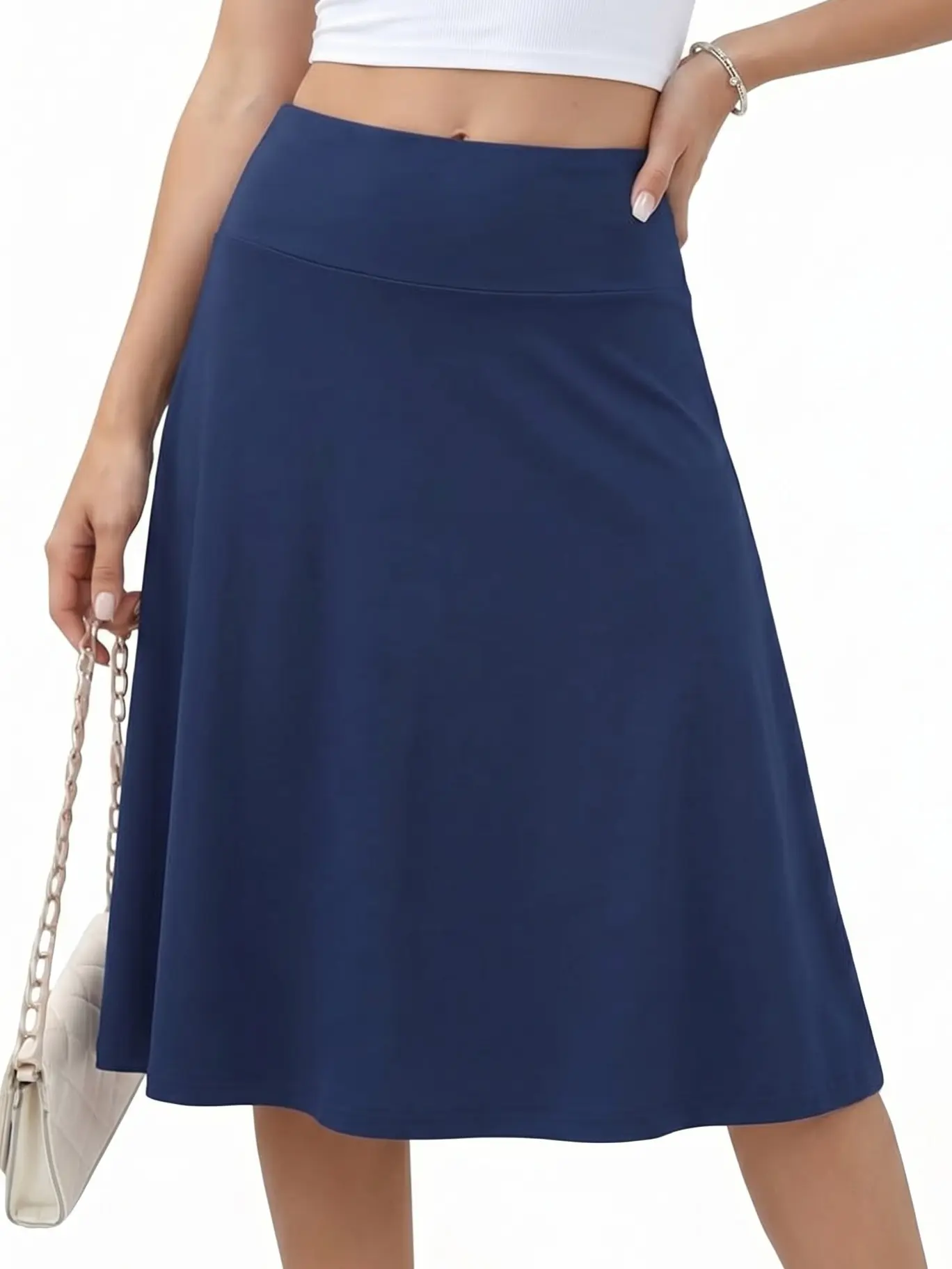 VIISHOW Women's Elastic Waistband Midi Skirt Knee Length High Waisted Stretchy A-Line Skater Skirt Soft Knit Modest Casual Skirts for Everyday Wear