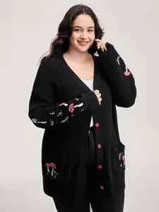 BLOOMCHIC Mushroom Embroidery Textured Button Cardigan Fit Sleeve Pocket Knitwear Print Tops Womenswear Loose Knitting Casual Black