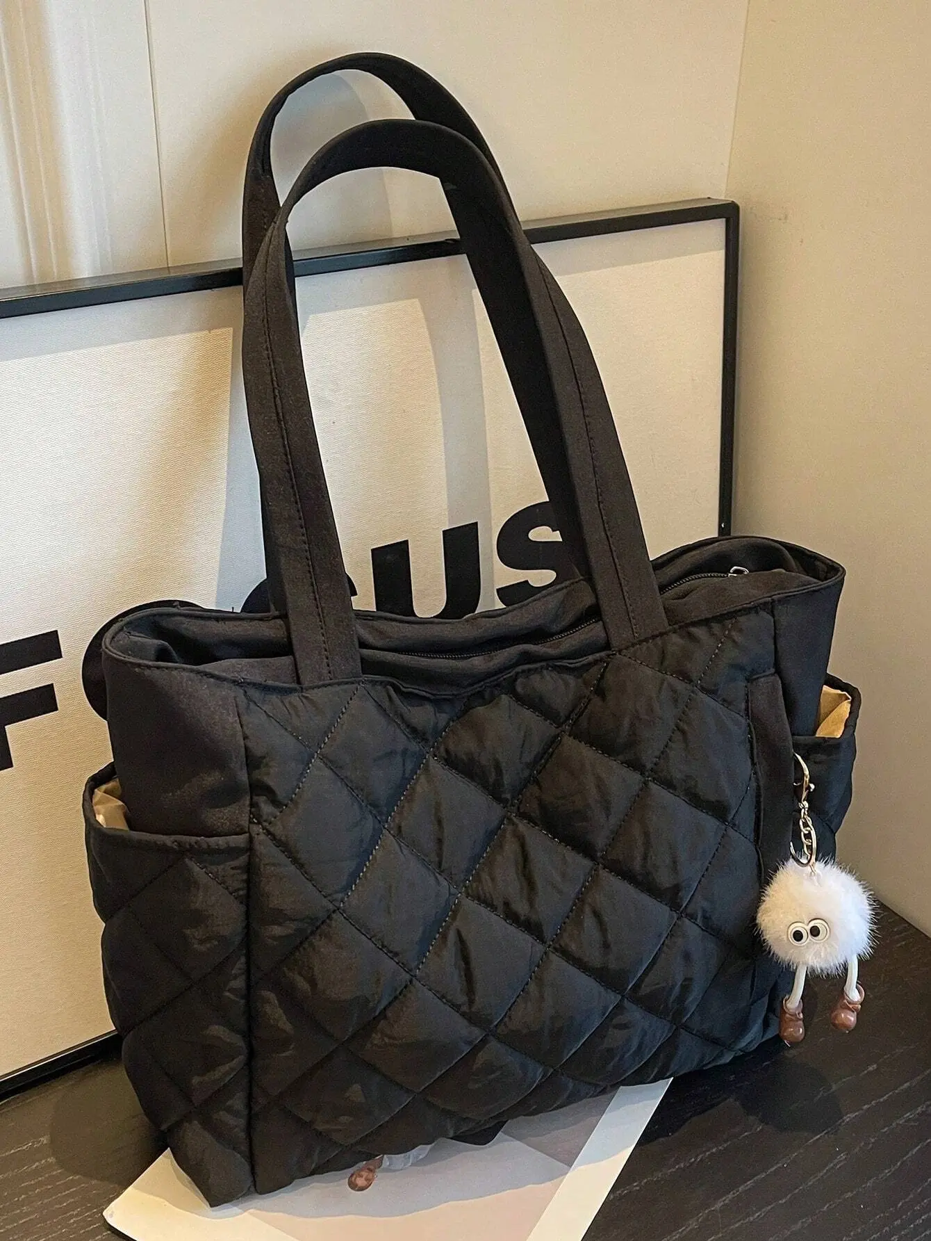 Women's Large Capacity Tote Bag with Pendant and Multiple Pockets, Suitable for Teen Girls and College Students - Solid Color Rhinestone Lattice Stitching