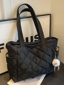 Women's Large Capacity Tote Bag with Pendant and Multiple Pockets, Suitable for Teen Girls and College Students - Solid Color Rhinestone Lattice Stitching