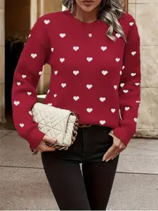 New Fashion Women's Autumn Winter Sweater, Round Neck Long Sleeve Heart Pattern Casual Knitwear, Stylish Ladies Pullover