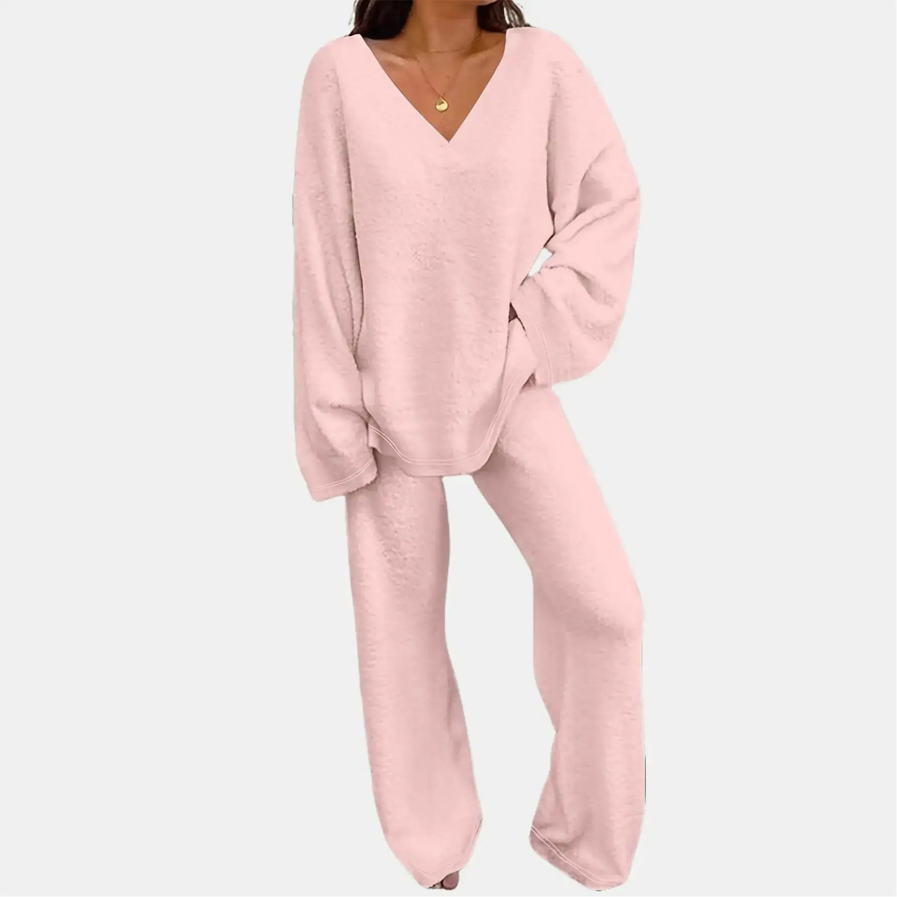 2025 Women's V-Neck Pajama Set Solid Sweater & Waist Pants Two Piece Fall Mufti Clothes Casual Asymmetrical Long Sleeve Pullover Trousers Outfits Loungewear Nightwear Homewear Pjs