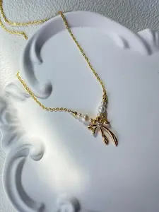 Pearl Bow Sweet Necklace - Elegant White Freshwater Pearls & Gold Bow Pendant 16 Inch Chain with Extender Romantic Jewelry