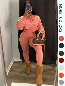 Women's Minimalist Textured Long Sleeve Crop Hooded Sweater High Waist Skinny Fitted Pants Set Casual Cozy Chic Ladies' Knitwear Basic Womenswear Outfit Lounge Set