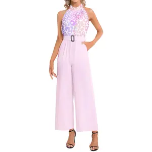 Women’s Halter Top Romper Jumpsuit Pantsuit Onesie One Piece Wide Leg Pink Animal Print Stylish Outfit Set Womenswear
