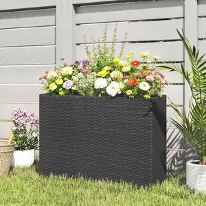 Tall Rectangular Planter with Removable Liner, Holes, PE Wicker Large Planter Box for Indoor Outdoor Plants, Black