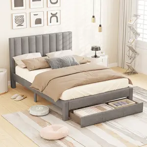 COSTWAY - Queen Size Bed Frame with Storage Drawer and Vertical Channel Headboard-Gray
