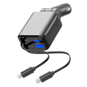4-in-1 Retractable Car Charger, 60W Fast USB C Charging Adapter with Lightning Cable & Dual Ports for iPhone, iPad, AirPods, Samsung, Google Devices