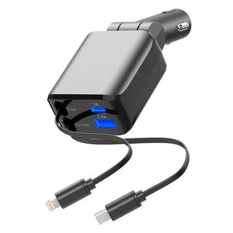 4-in-1 Retractable Car Charger, 60W Fast USB C Charging Adapter with Lightning Cable & Dual Ports for iPhone, iPad, AirPods, Samsung, Google Devices