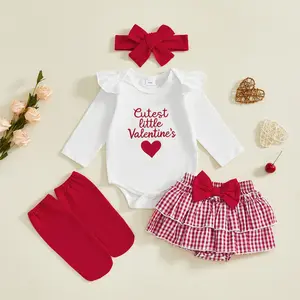Infant Baby Girls Valentine's Day Outfit Long Sleeve Letter Embroidery Romper + Shorts + Headband + Socks Set Spring 0-18 Months