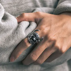 FaithHeart  Horn Skull Ring Statement Ring Stainless Steel Halloween Ring
