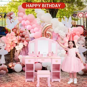 Vanity Table with Tri-Folding Mirror and Stool,Vanity Set with Mirror and Drawers for Kid Age 4-9,Pink Makeup Dressing Desk