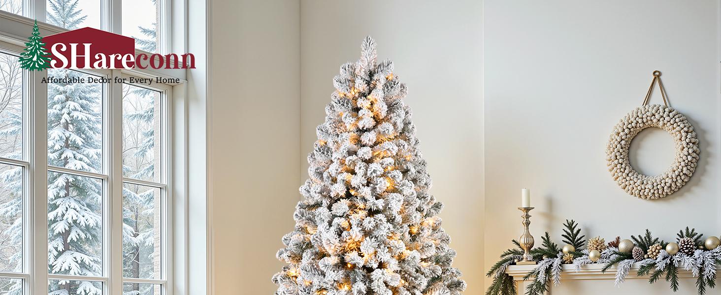 SHareconn 2025 4/5/6/7.5/9FT Pre-lit Warm Lights Snow Flocked Artificial Christmas Tree with Dense Branches, Deluxe Design, Ideal Holiday Decoration