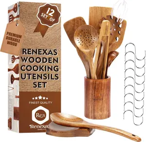 12 Pcs Wooden Spoons for Cooking Utensils, Natural Teak Wooden Cooking Spoons with Nonstick Spatula Set, Bamboo Kitchen Utensils With Holder, Wood Spoon Set for Kitchen Essentials
