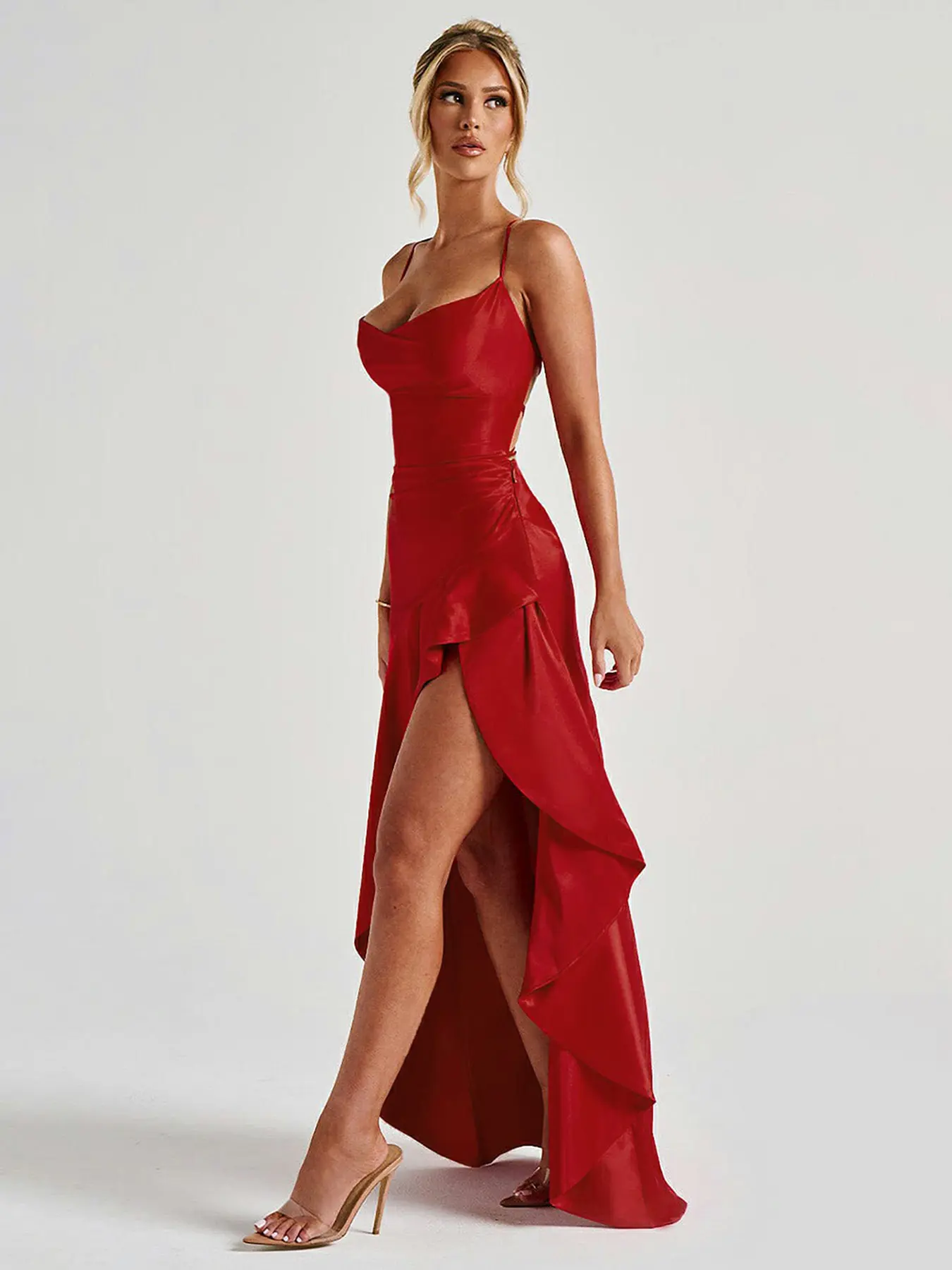 Women's Sexy High Slit Ruffle Hem Satin Strap Red Long Dress, Tie Back Large Backless Design Square Neck Slim Fit Bodycon Formal Party Gown, Elegant Chic Fashionable Evening Dress - TikTok Shop Women's Sexy High Slit Ruffle Hem Satin Strap Red Long Dress, Tie Back Large Backless Design Square Neck Slim Fit Bodycon Formal Party Gown, Elegant Chic Fashionable Evening Dress - TikTok Shop