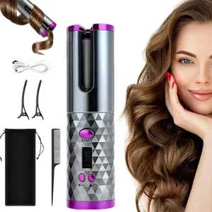 Cordless Automatic Hair Curler with 5000mAh Power Bank 2-in-1 Wireless Curling Iron for Travel Adjustable Temperature 150C 160C 170C 180C 190C 200C and Timer 8s to 18s LED Display for Easy Use