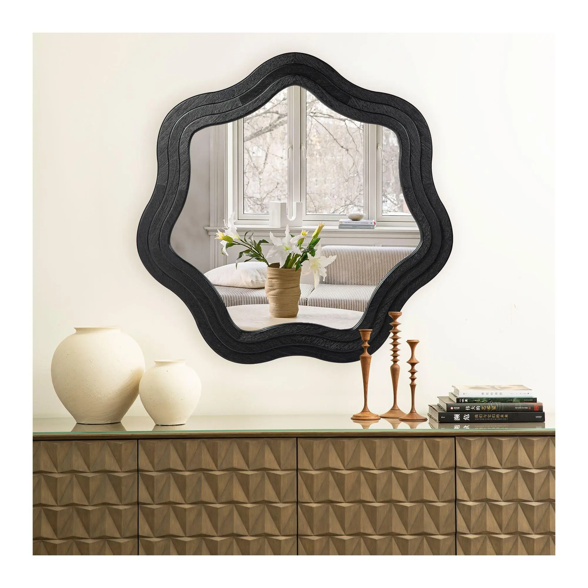 Glitzhome 34" D Modern Tripled Wood Frame WavyWall Mirror Glitzhome 34" D Modern Tripled Wood Frame WavyWall Mirror